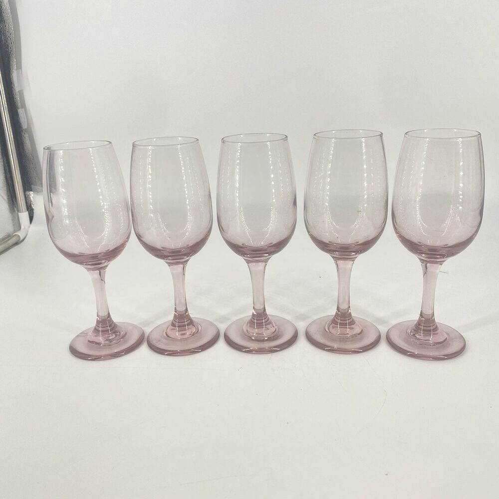Set of 5 Vintage Libbey Premiere Plum Pink Wine Glasses Stemmed Goblets 7.25”